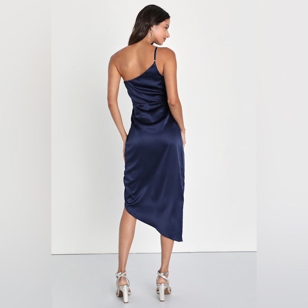 Lulus Law of Attraction Navy Blue One-Shoulder Asymmetrical Midi Dress, Size XS - Picture 2 of 13